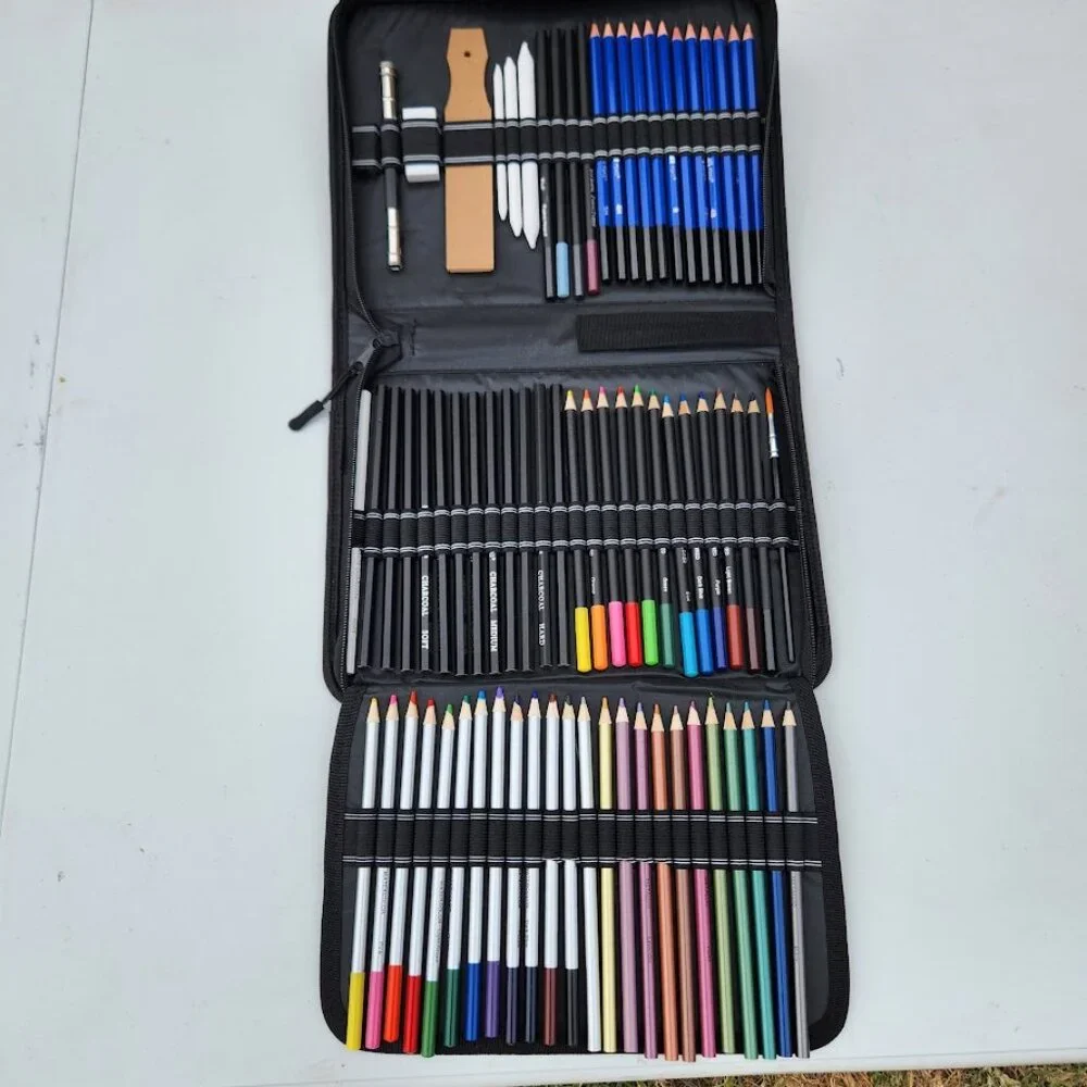NEW 74 Piece Art Kit Supplies Watercolor Pencils Charcoal Travel Case Colored Pe